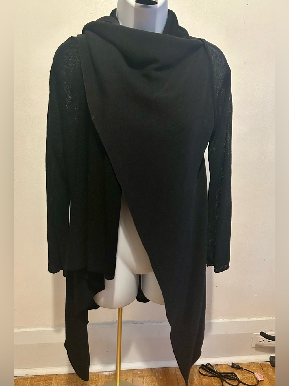 Sarah Pacini Made in Italy Black Open Front Asymmetrical Cardigan Duster Wrap OS